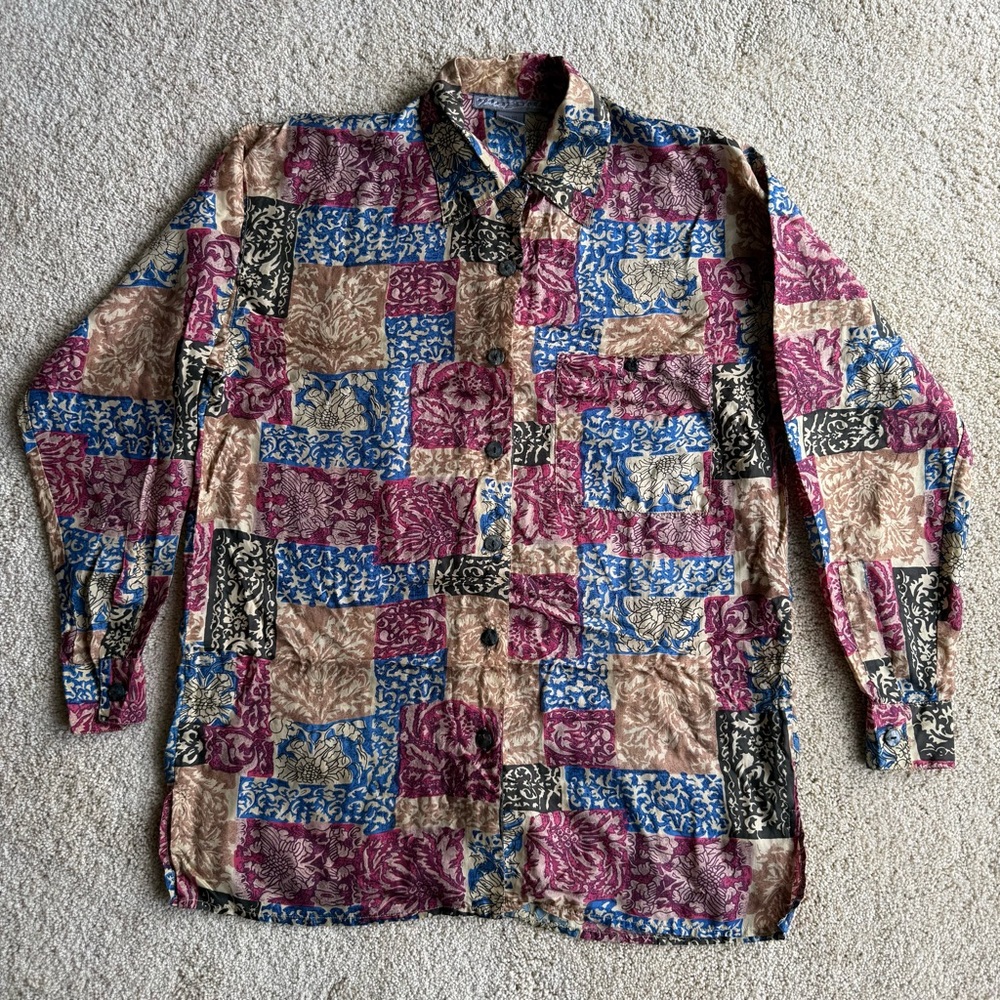 Robert Stock 100% Silk Shirt Mens Size S Patchwork Floral Button Up Long Sleeve